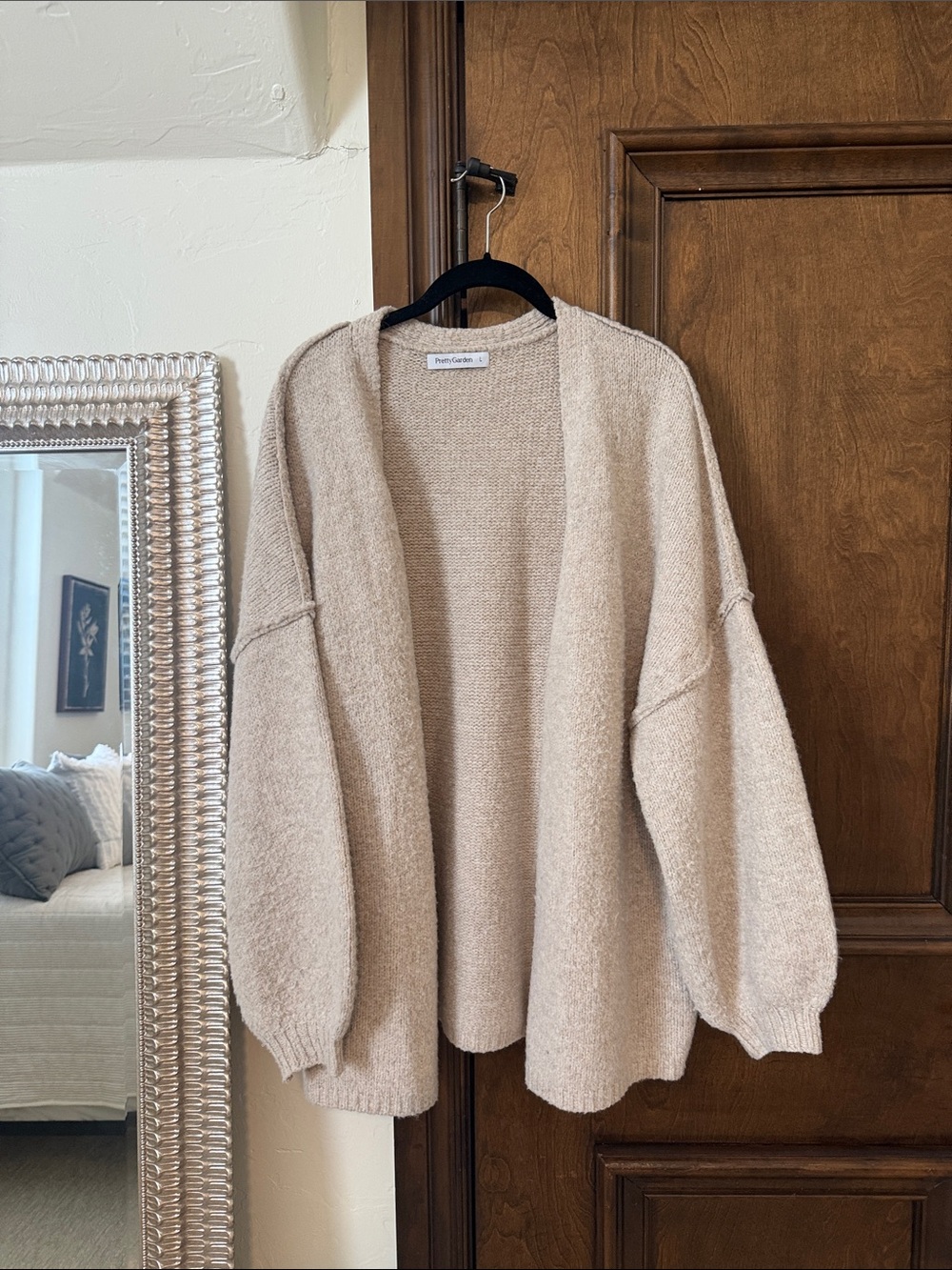 Relaxed Open-Front Cardigan Sweater in Light Beige